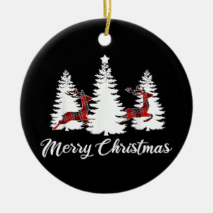 Merry Christmas Shirt for Women Buffalo Plaid Rein Ceramic Ornament