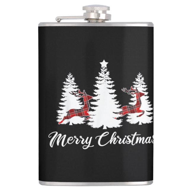 Merry Christmas Shirt for Women Buffalo Plaid Rein Flask (Front)