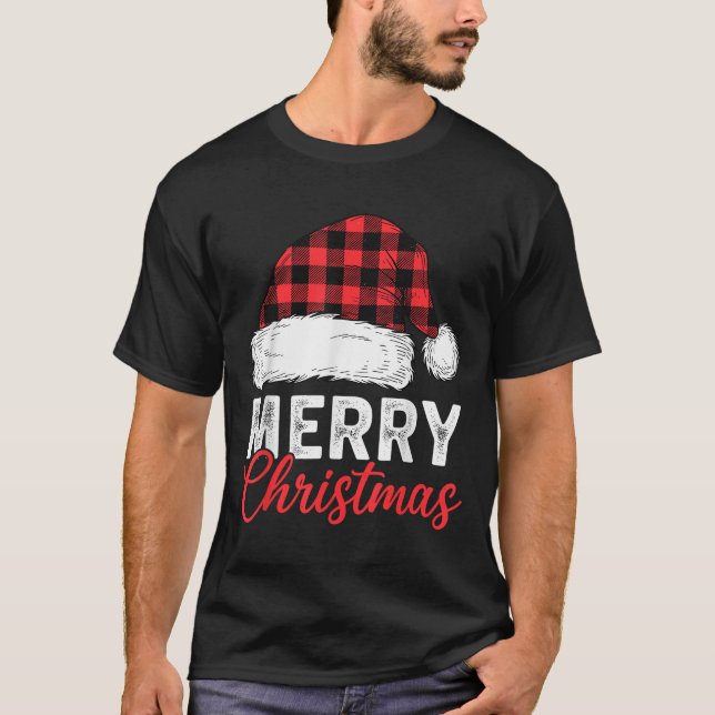 Merry Christmas Shirt Santa Hat Buffalo Plaid Men  (Front)