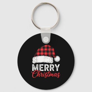 Merry Christmas Shirt Santa Hat Buffalo Plaid Men Keychain