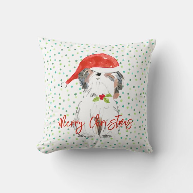 Merry Christmas ShiTzu Dog Festive Santa Hat Holly Throw Pillow (Front)