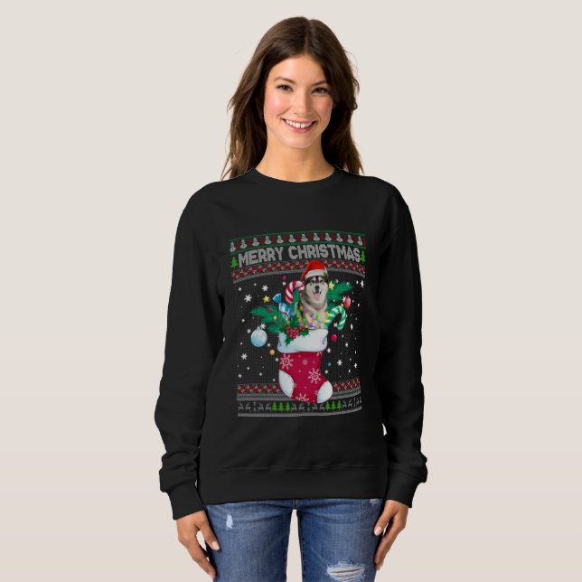 Merry Christmas Siberian Husky Dog In Sock Funny Sweatshirt (Front Full)