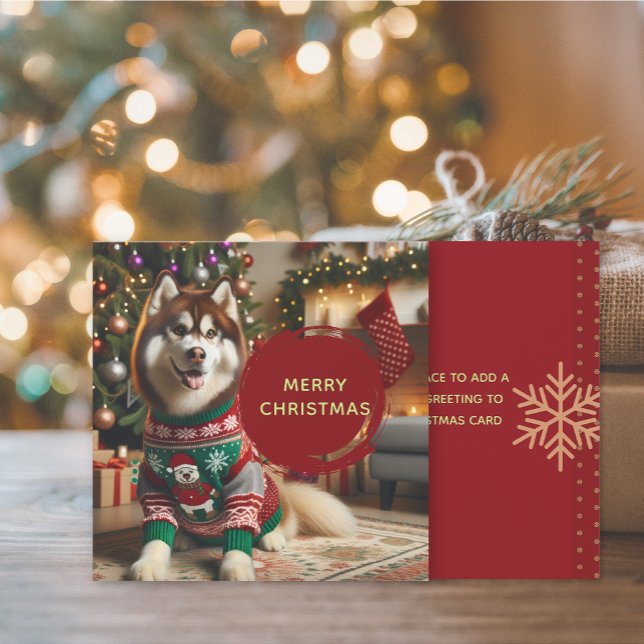 Merry Christmas Siberian Husky Greeting Card (The front and back of the Siberian Husky Christmas Holiday greeting card)