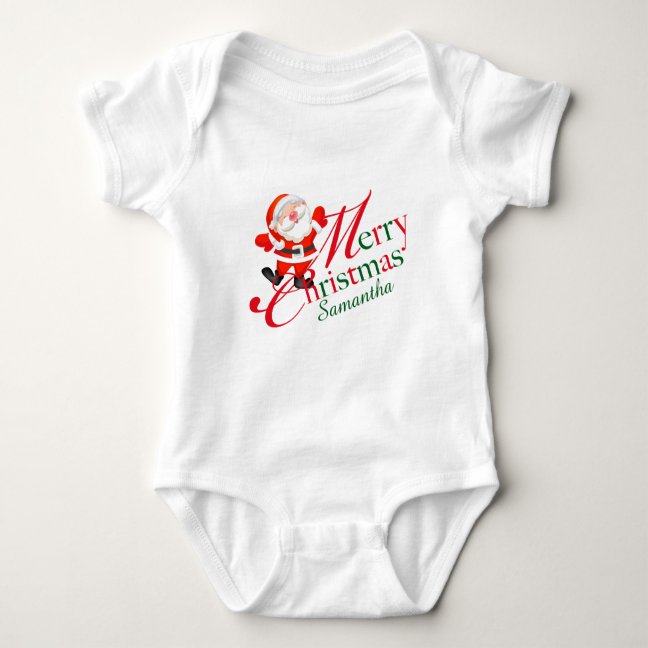 Merry Christmas Signature Name Red Santa Baby Bodysuit