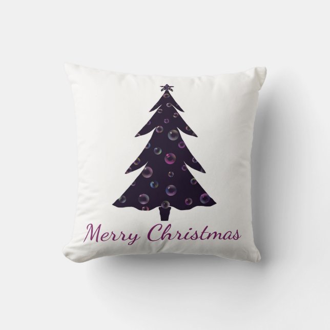 Merry Christmas, silhouette tree, colorful bubbles Throw Pillow (Front)
