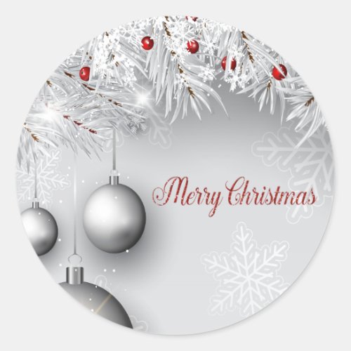 Merry Christmas Silver Balls BranchesSnowflakes Classic Round Sticker