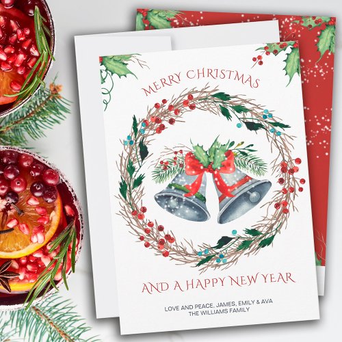 Merry Christmas Silver Bells and Rustic Wreath Holiday Card