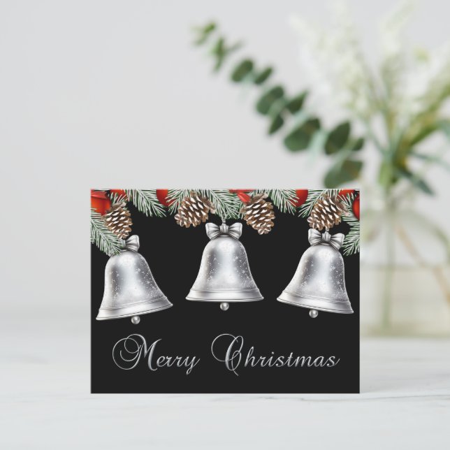 Merry Christmas Silver Bells with Pine Cones Holiday Postcard (Standing Front)