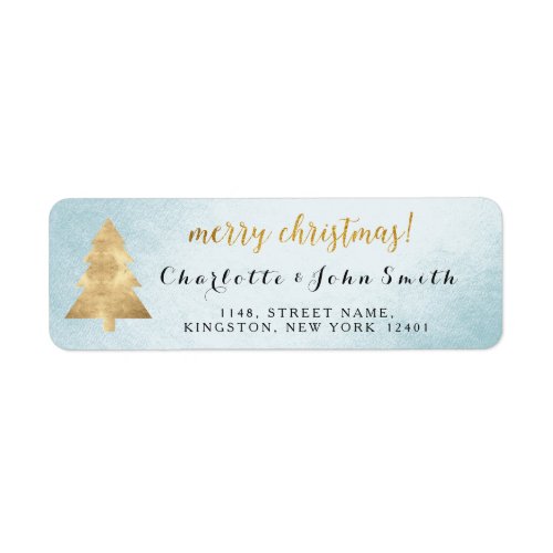 Merry Christmas Silver Blue Golden Tree Address Label