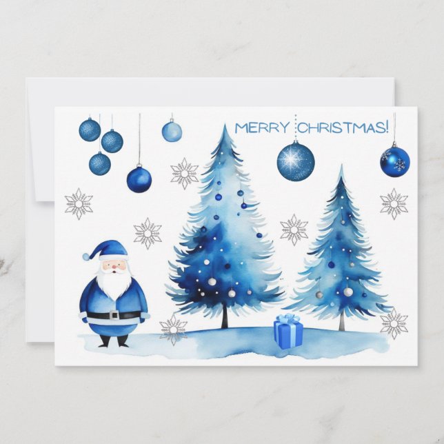 Merry Christmas Silver & Blue Japandi Watercolor  Holiday Card (Front)
