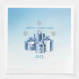 Merry Christmas Silver & Blue Presents & Snowflake Paper Dinner Napkins