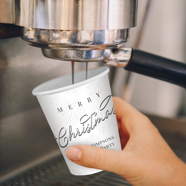 Merry Christmas Silver Calligraphy Cute Snowflake Paper Cups (Merry Christmas silver snowflakes calligraphy paper cup. )