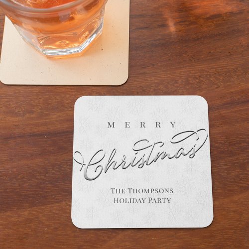 Merry Christmas Silver Calligraphy Cute Snowflake Square Paper Coaster