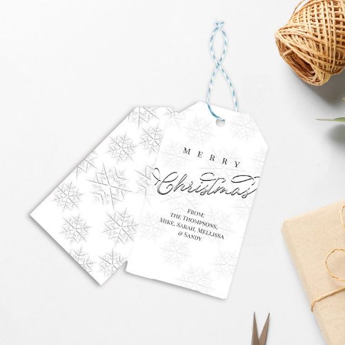 Merry Christmas Silver Calligraphy Snowflakes  Gift Tags