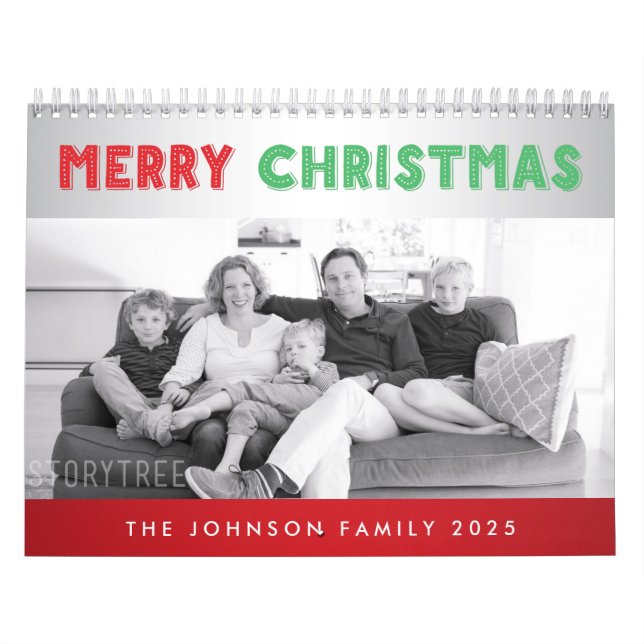 Merry Christmas Silver Family Photo Calendar 2025 (Cover)