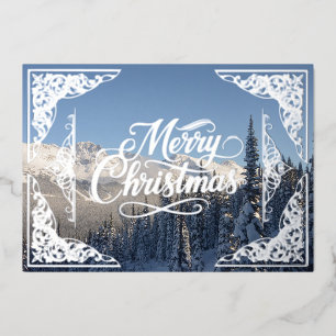 Merry Christmas silver filigree winter scene Foil Holiday Card