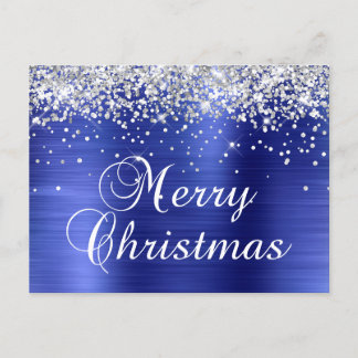 Merry Christmas Silver Glitter Blue Foil Holiday Postcard