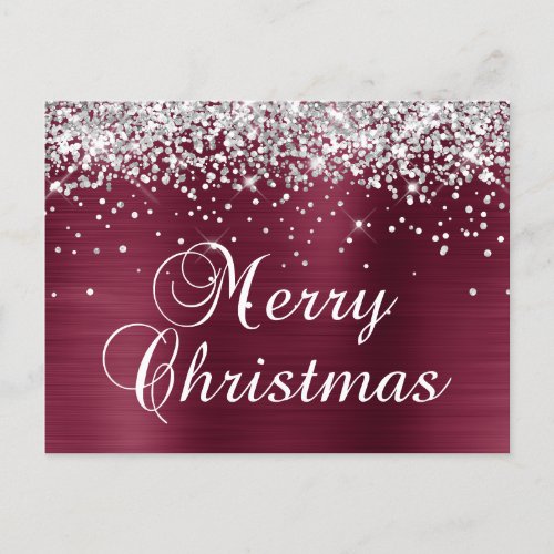 Merry Christmas Silver Glitter Burgundy Red Foil Holiday Postcard
