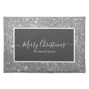 Merry Christmas silver glitter family name  Cloth Placemat