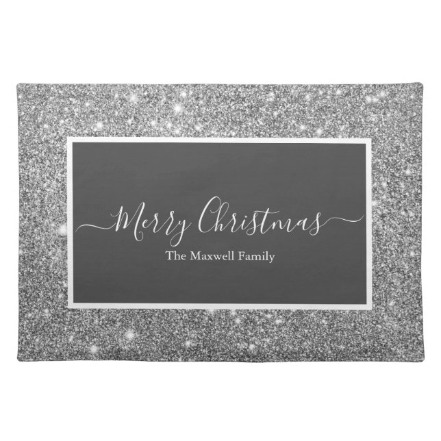 Merry Christmas silver glitter family name  Cloth Placemat (Front)