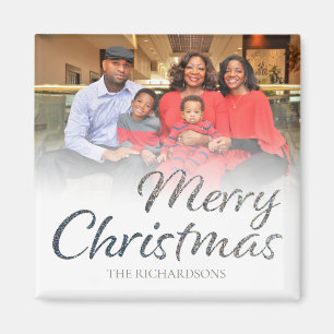 Merry Christmas Silver Glitter FULL Photo & Name 2 Magnet
