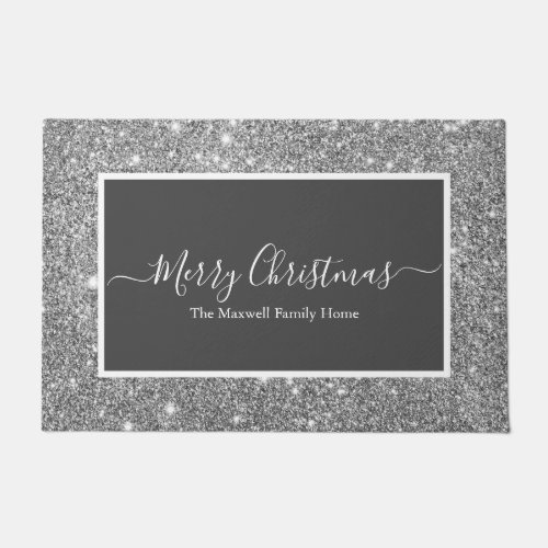 Merry Christmas silver glitter gray family name   Doormat