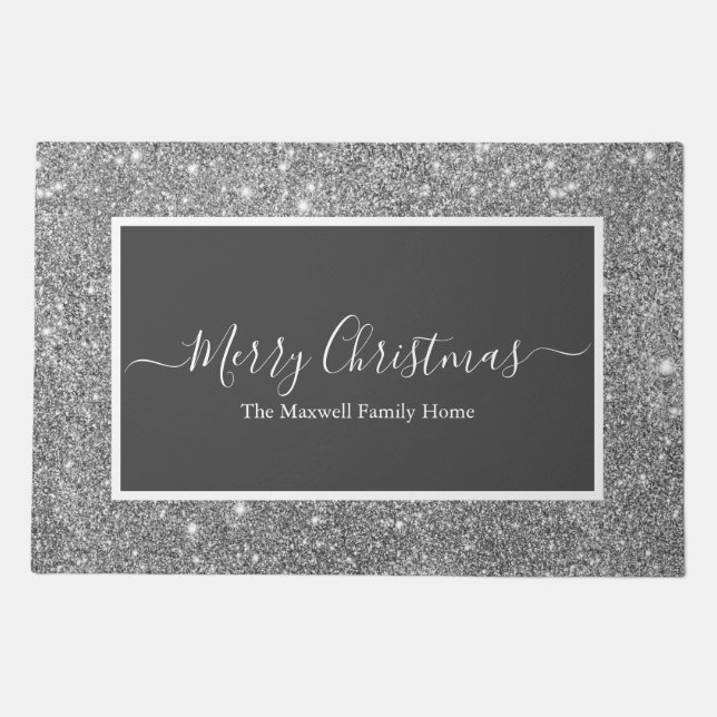 Merry Christmas silver glitter gray family name   Doormat (Front)