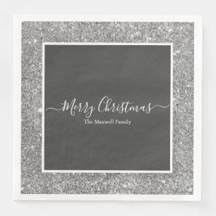 Merry Christmas silver glitter gray family name Paper Dinner Napkins