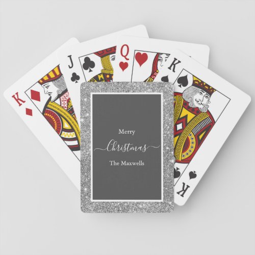 Merry Christmas silver glitter gray family name Playing Cards