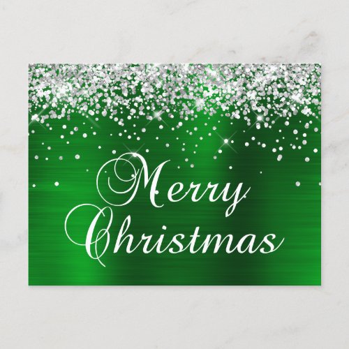 Merry Christmas Silver Glitter Green Foil Holiday Postcard