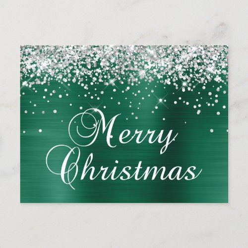 Merry Christmas Silver Glitter Hunter Green Foil Holiday Postcard