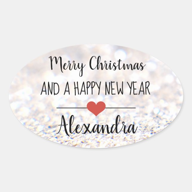 Merry Christmas silver glitter name sticker (Front)