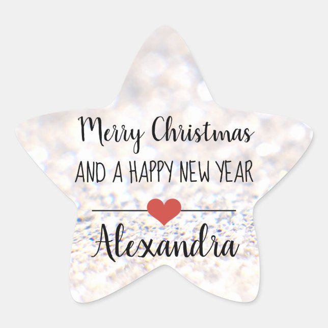 Merry Christmas silver glitter name sticker (Front)