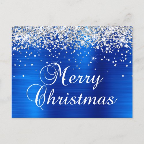 Merry Christmas Silver Glitter Royal Blue Foil Holiday Postcard