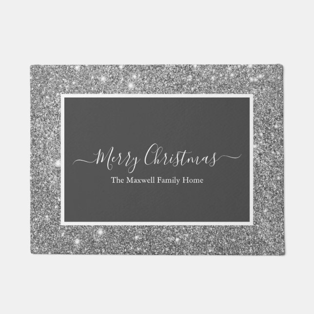 Merry Christmas silver glitter white family name Doormat (Front)