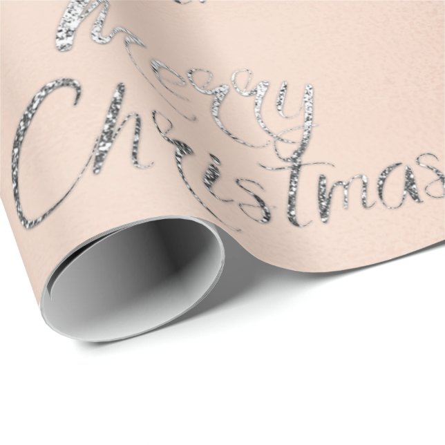 Merry Christmas Silver Gray Glitter Pink RoseBlush Wrapping Paper (Roll Corner)