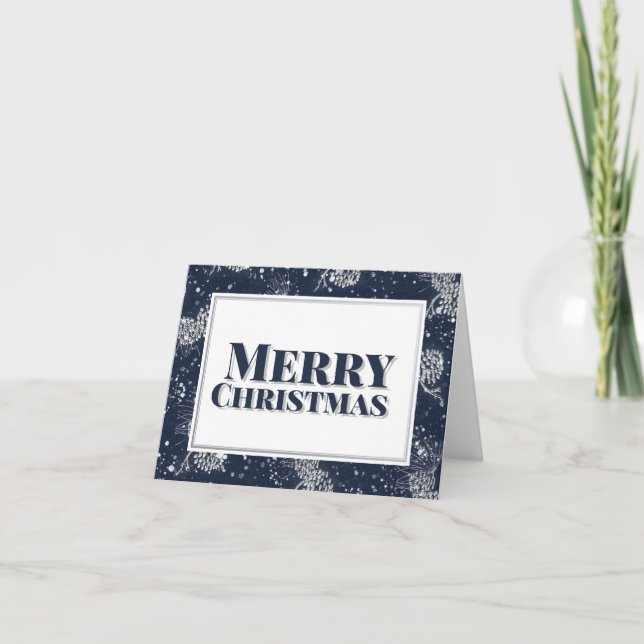 Merry Christmas Silver Pinecones Snowy Night Holiday Card (Front)