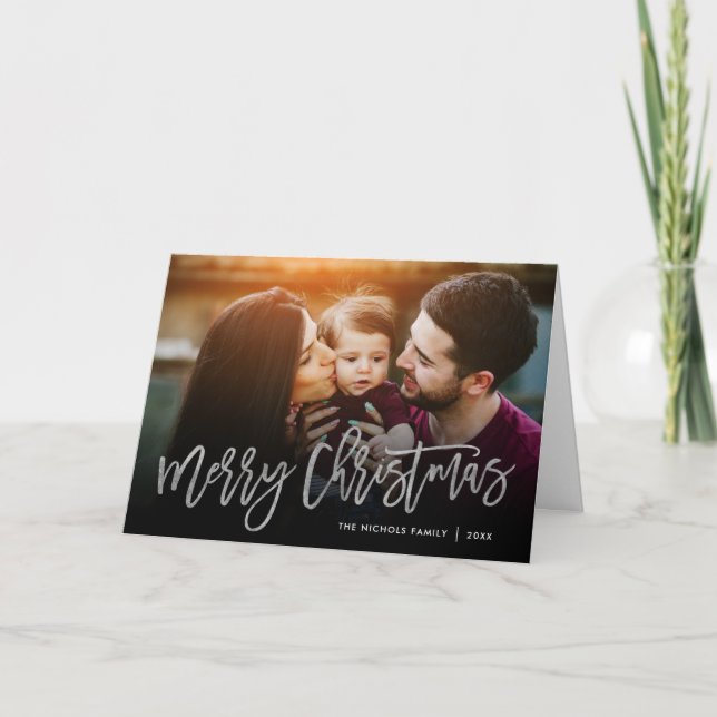 Merry Christmas Silver Script Photo Overlay Holiday Card (Front)