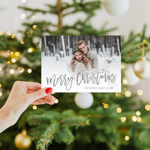 Merry Christmas Silver Script Photo Overlay Holiday Card