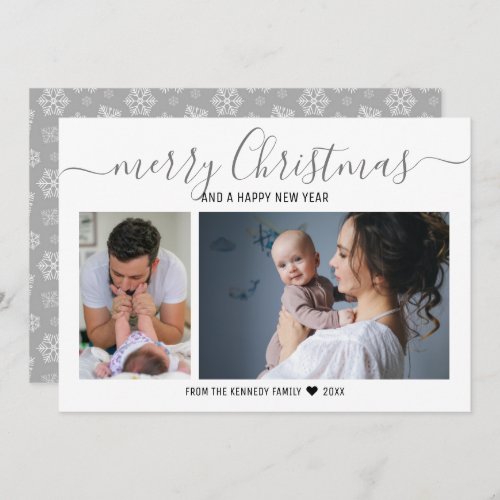 Merry Christmas Silver Snowflakes 2 Photo Collage Holiday Card