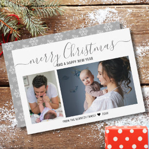 Merry Christmas Silver Snowflakes 2 Photo Collage Holiday Card