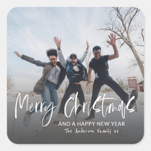 Merry Christmas Simple Calligraphy 1 Photo Holiday Square Sticker