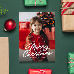 Merry Christmas simple casual script one photo Holiday Card<br><div class="desc">Send holiday cheer with this cute and simple one-photo Christmas card. With its simple "Merry Christmas" in white script and room for custom text, this vertical card makes a great family Christmas card, grandparent Christmas card, couple's Christmas card and more. The backer is a festive red with cute white dots....</div>