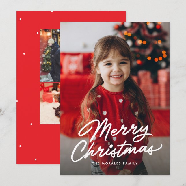 Merry Christmas simple casual script three photo Holiday Card (Front/Back)