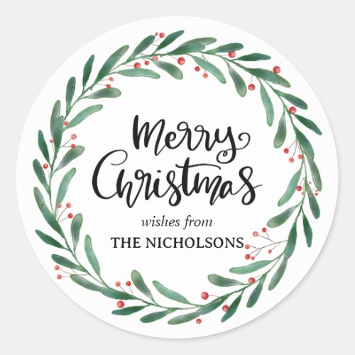 Merry Christmas Simple Casual Script  Wreath Classic Round Sticker