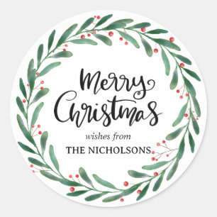 Merry Christmas Simple Casual Script   Wreath Classic Round Sticker