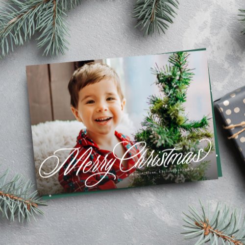 Merry Christmas simple classic script two photo Holiday Card