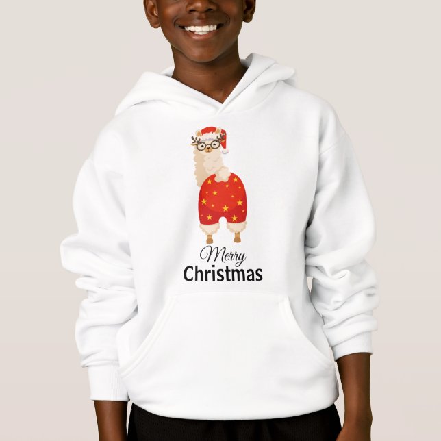 Merry Christmas Simple Cute Cartoon Santa Llama Hoodie (Front)
