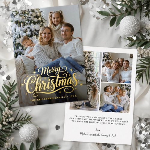 Merry Christmas Simple Elegant Photo Gold Foil Holiday Card