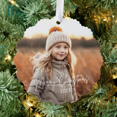 Merry Christmas simple elegant photo pine green Ornament Card